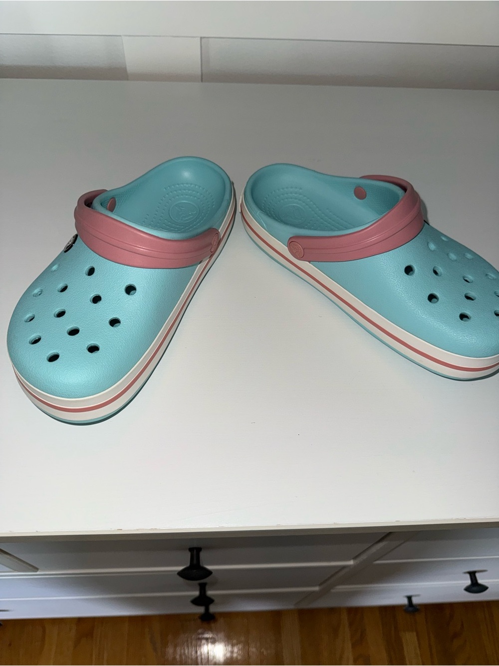 CROCS Kids Aqua and Pink Dual-Stripe Clogs